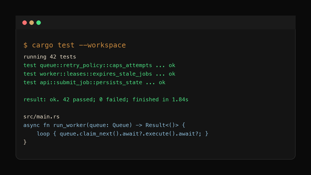 A dark terminal workspace with Rust code and build logs